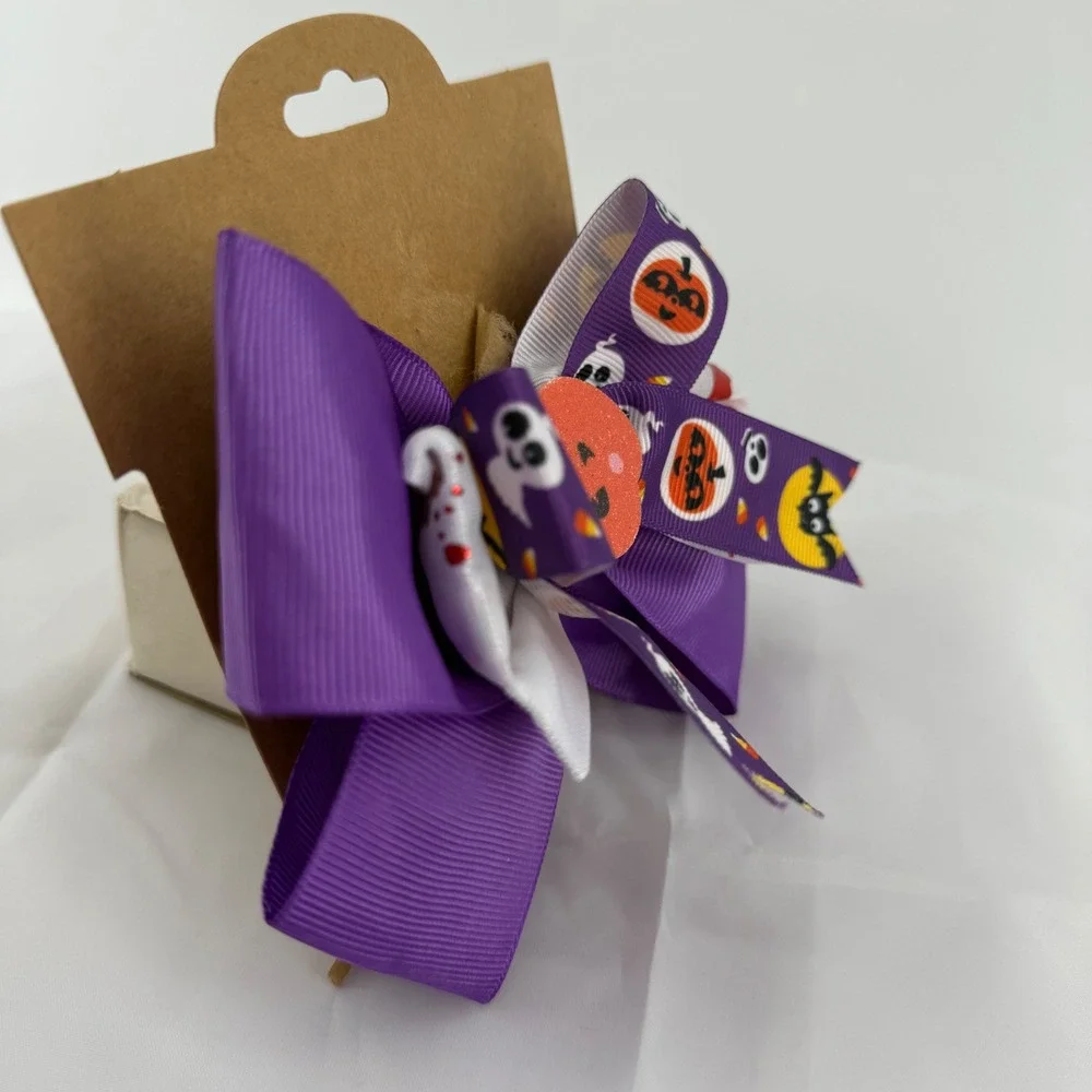 Halloween‎ Hair Bow Purple Grosgrain Ribbon Pumpkin Ghost Bat Hair Clip